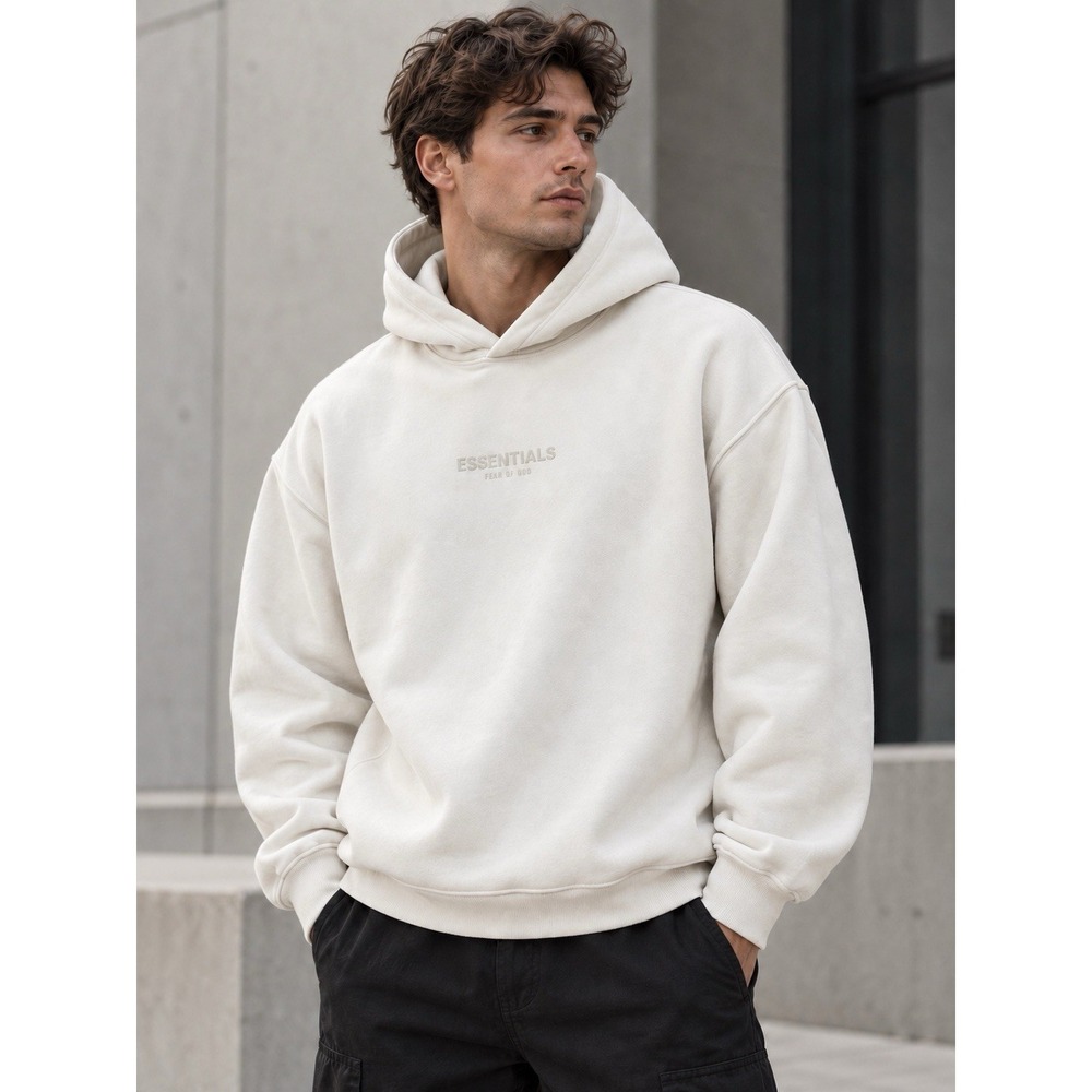 Fear of God Essentials Hoodie Men's Medium Cream Oversized Pullover Tonal Logo